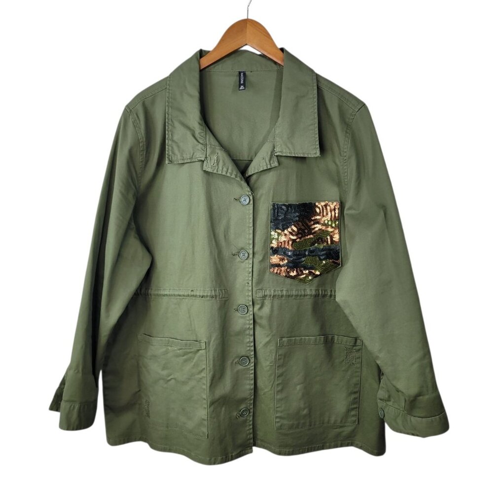 NEW Massini Field Jacket Plus 2X Olive Drab Green Button Up Cinch Waist Sequin